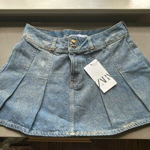 Zara Glittery Pleated Denim Mini Skirt